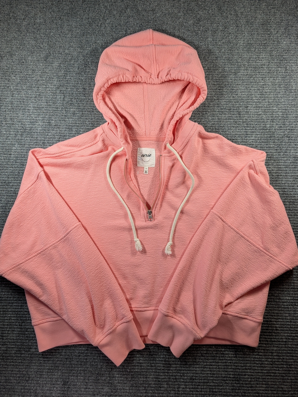 Aerie Quarter Zip Hooded Sweatshirt Womens Sz Lg Coral Relaxed Cropped